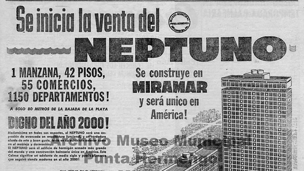 Aviso de diario: Se inicia la venta del Neptuno. 1 manzana, 42 pisos, 55 comercios, 1150 departamentos. Se construye en Miramar y será único en América