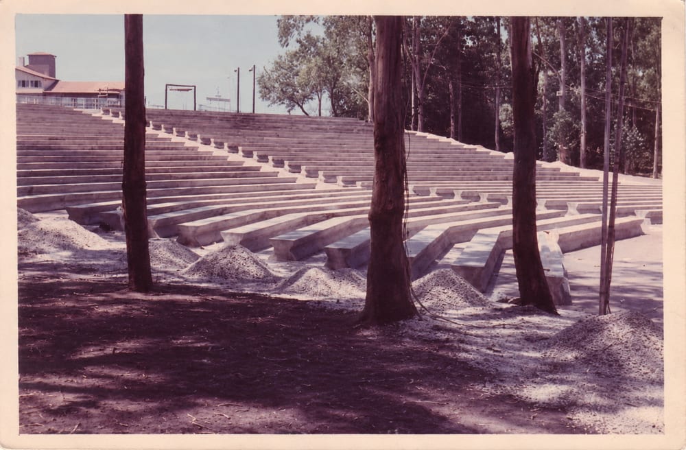 Foto color antigua de las gradas de hormigón del anfiteatro en construcción, entre eucaliptos, con montículos de piedra en primer plano