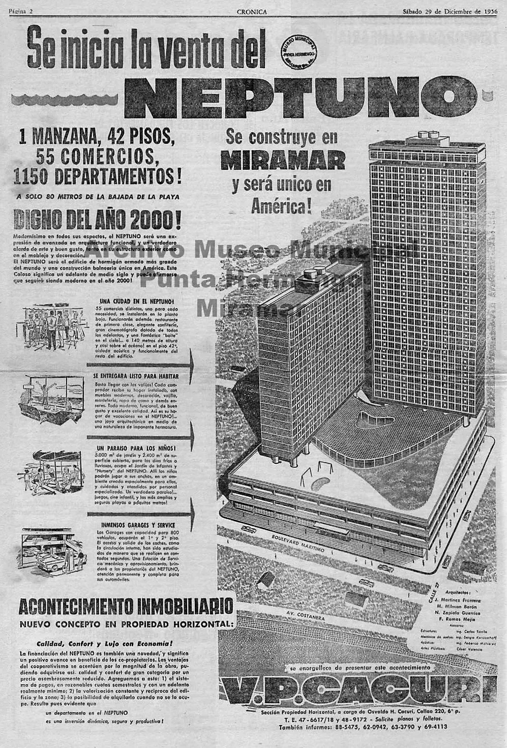 Aviso de página entera: Se inicia la venta del Neptuno. Dibujo de dos torres sobre una base de cuatro pisos con la esquina redondeada, entre el Boulevard Marítimo y la calle 27, con los textos 1 manzana, 42 pisos, 55 comercios, 1150 departamentos y Digno del año 2000