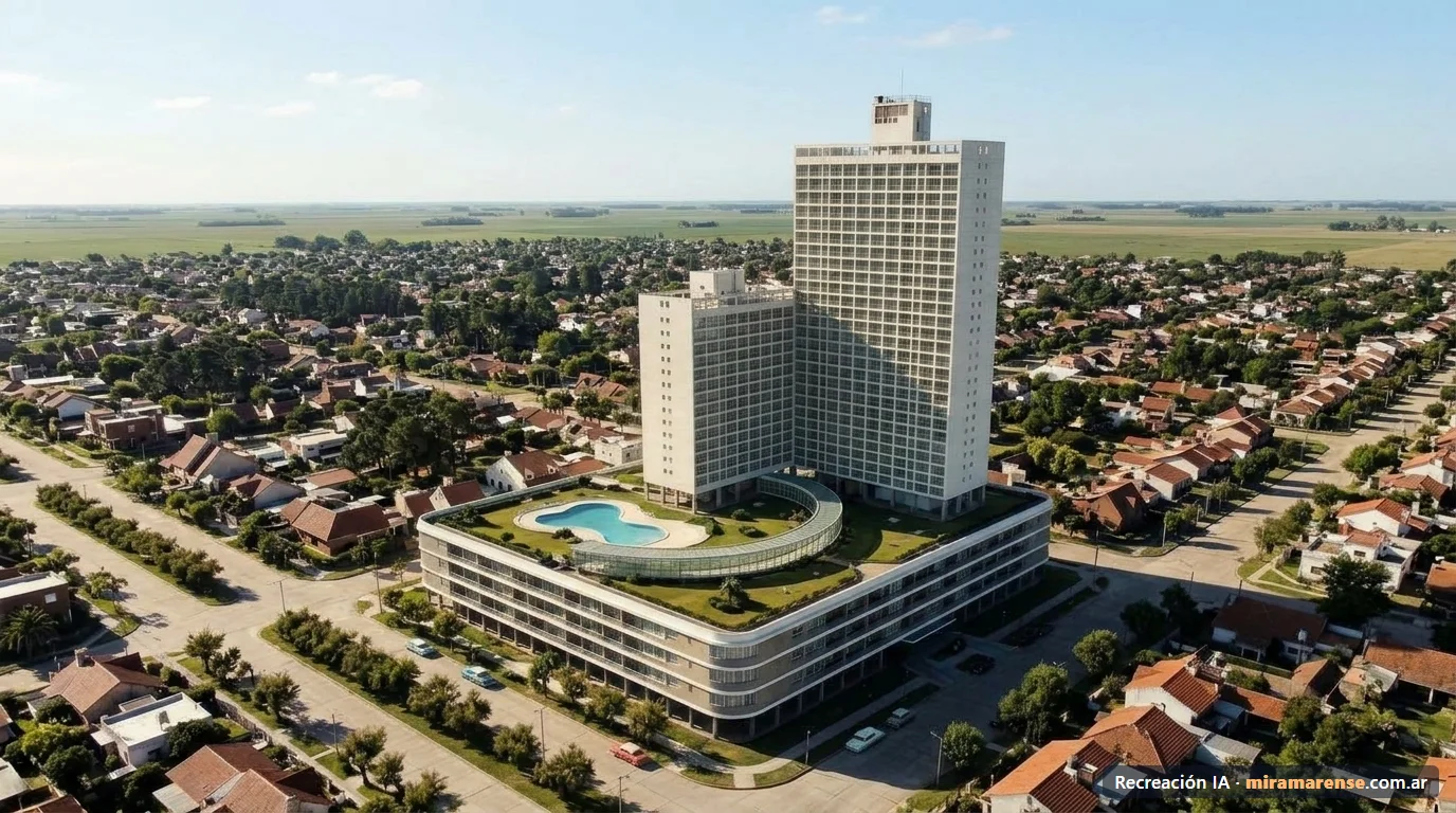 Recreación del edificio Neptuno terminado, visto en diagonal desde una esquina: la base de 4 pisos en toda la manzana y las dos torres, sobre un pueblo de casas bajas